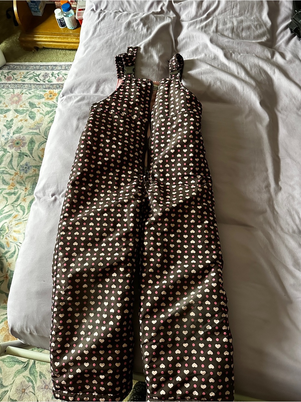 London Fog 6x Brown Puffer Snow Overalls with Pink Heart Print